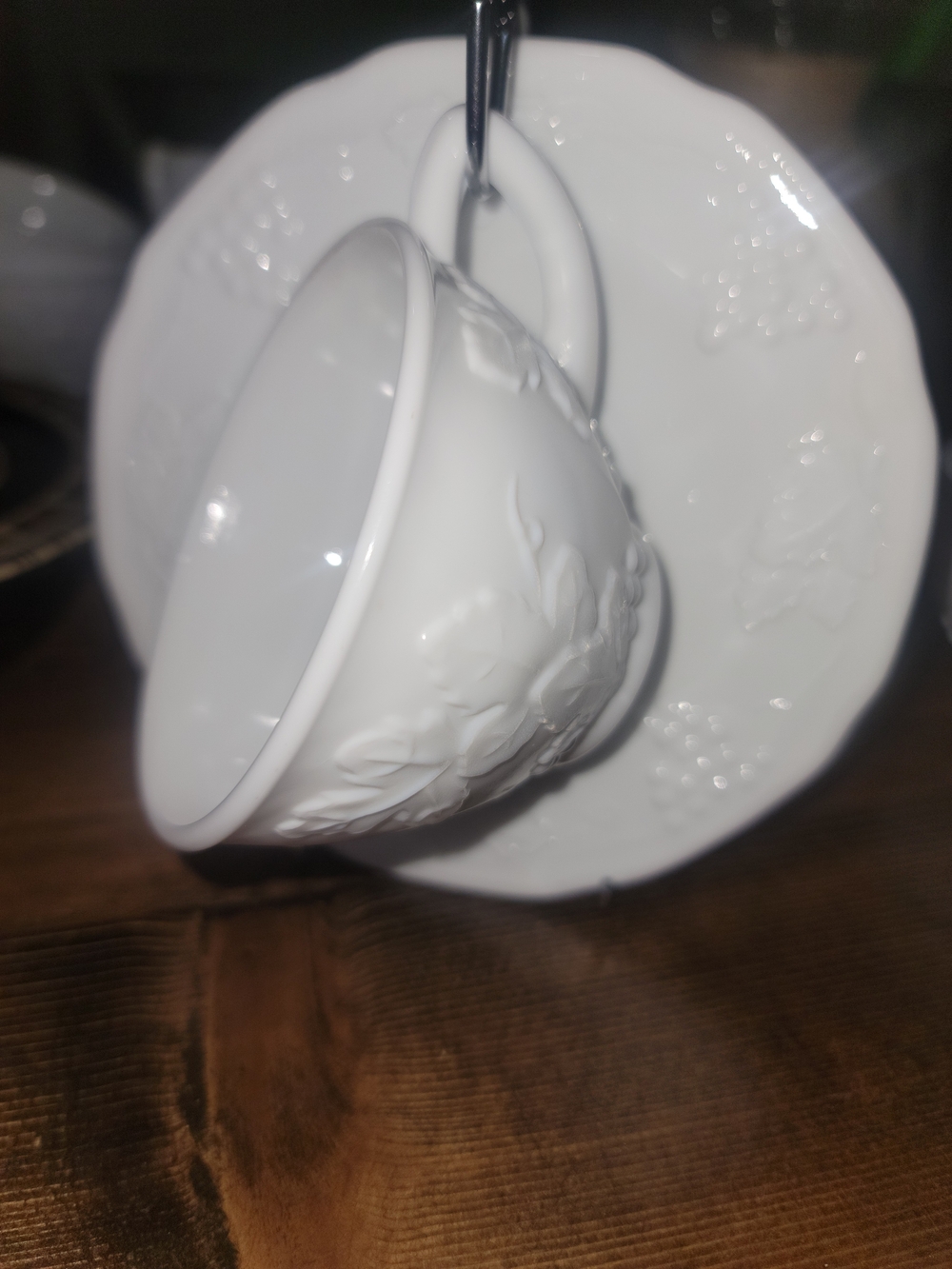 White Embossed Porcelain Teacup and Saucer - Brand - Picture 1 of 1